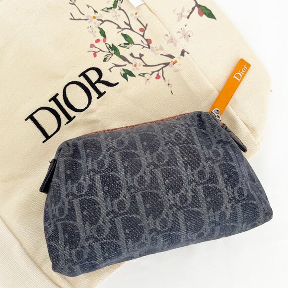DIOR Blue Oblique Flight Denim Pouch Cosmetic Bag Grey Navy Blue - Picture 14 of 14